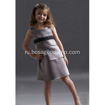 A-line круглый шейный сатиновый платье для цветочниц до колен